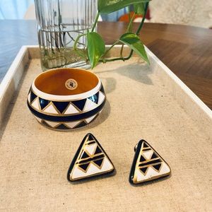 Vintage painted wood cuff and earring set, geometric pattern